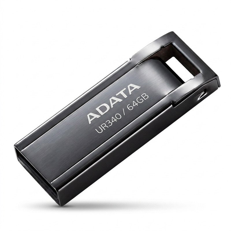 فلش مموری ای دیتا مدل UR340 ظرفیت 64 گیگابایت با بدنه فلزی، رابط USB 3.2 Gen1 Type-A، سرعت انتقال 100 مگابایت بر ثانیه و پشتیبانی از سیستم‌عامل‌های ویندوز، مک و لینوکس