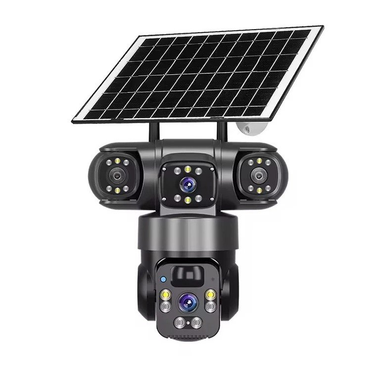 دوربین مداربسته تحت شبکه فضای باز خورشیدی سه لنز با اتصال 4G، چرخش 360 درجه، دید در شب رنگی، تشخیص حرکت، مکالمه دوطرفه، استاندارد IP66، شارژ با پنل خورشیدی و نگهداری شارژ تا 7 روز