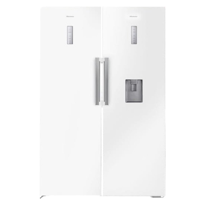 یخچال و فریزر دوقلو 40 فوت هایسنس مدل RS370W/FS270W، دارای نمایشگر و بدون برفک، با ارتفاع 186، پهنای 120 و عمق 67 سانتی‌متر، میزان مصرف انرژی A+، دارای 5 طبقه در یخچال و 5 کشو در فریزر، دارای سیستم نوفراست