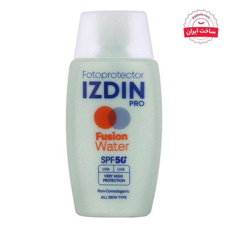 فلوئید ضد آفتاب بی‌رنگ صورت و گردن ایزدین پرو SPF 50 مدل Fusion Water ‌محافظ در برابر اشعه UVA و UVB مناسب برای انواع پوست حجم 50 میلی‌لیتر