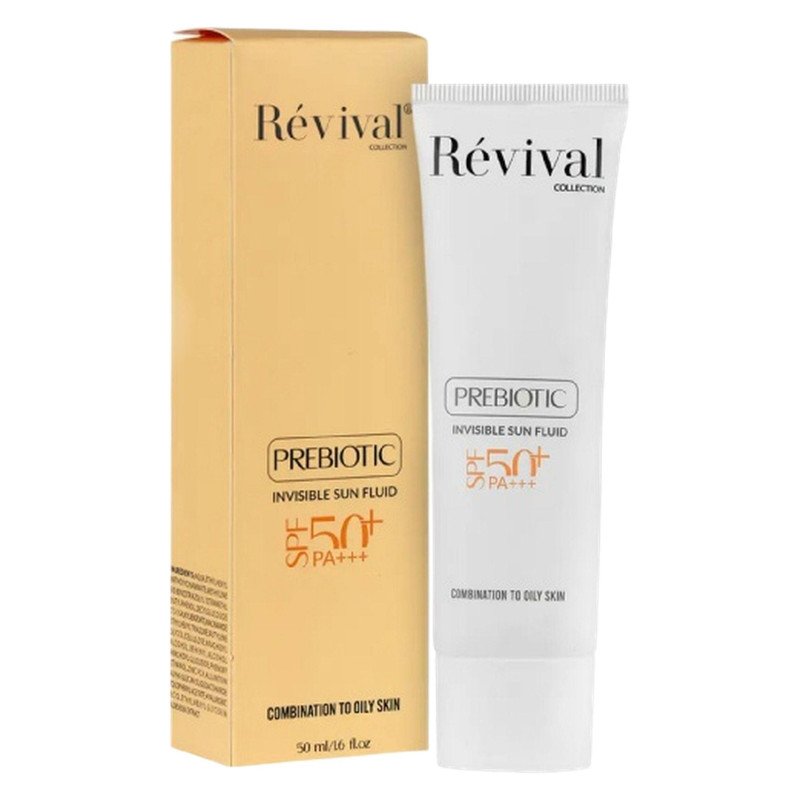 کرم ضد آفتاب بی‌رنگ کلکسیون رویوال، spf 50، مدل prebiotic، ‌مناسب پوست‌های چرب و مختلط با حجم 50 میلی‌لیتر، محافظت‌کننده در برابر اشعه‌های UVA و PA ،UVB+++، ضد جوش و آکنه، دارای فرمولاسیون آنتی اکسیدان، نیاسینامید و ویتا