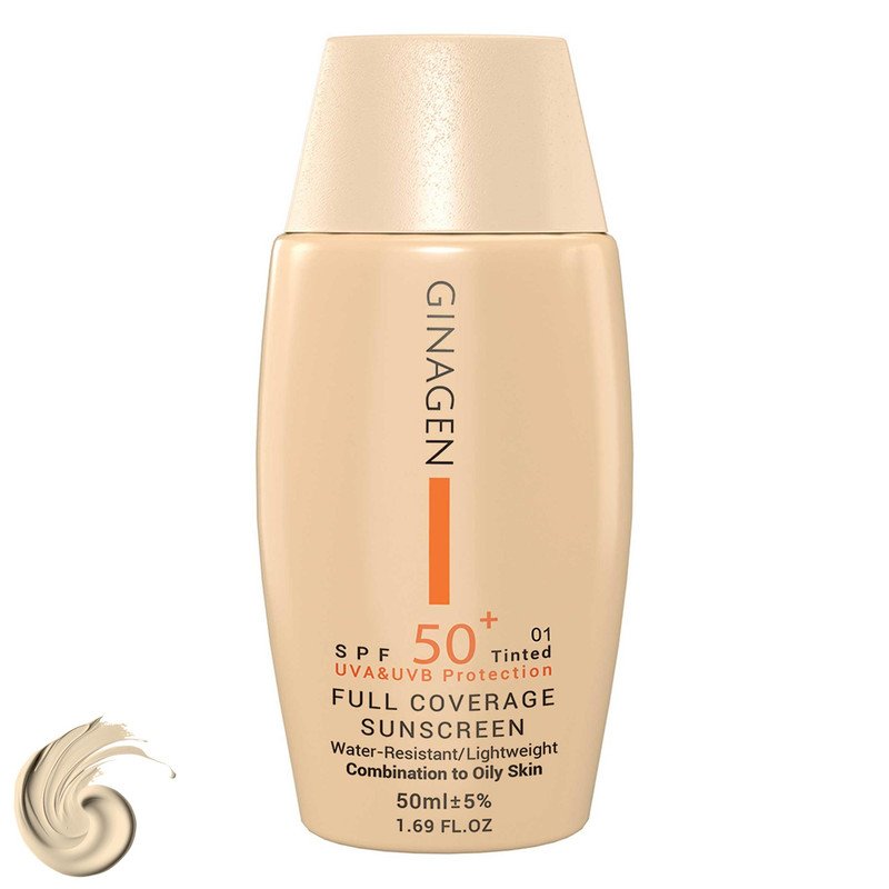 کرم ضد آفتاب رنگی ژیناژن، SPF 50، مدل 01، ‌مناسب پوست‌های چرب و مختلط با تنالیته روشن و حجم 50 میلی‌لیتر، ضد آب، محافظت‌کننده در برابر اشعه‌های UVA و UVB، ضد چروک، ضد لک و پیری، دارای فرمولاسیون مواد و املاح معدنی، با ما