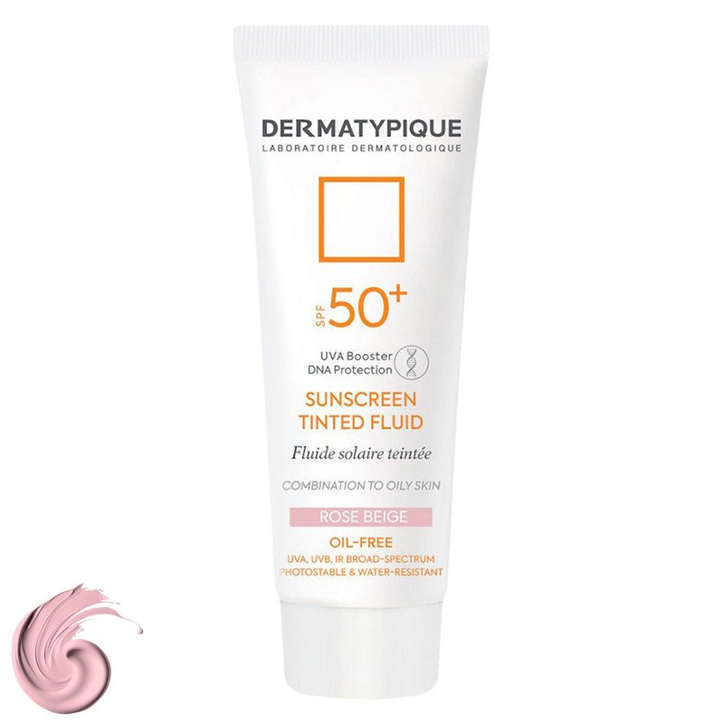فلوئید ضدآفتاب رنگی درماتیپیک، 50 SPF، مدل TINTED FLUID، مناسب پوست مختلط تا چرب تنالیته رنگ خیلی روشن و حجم 50 میلی‌لیتر، محافظت کننده در برابر اشعه UVA، UVB، IR، ضد آب، فاقد چربی، محافظ DNA سلولی، تنظیم کننده چربی و ضد