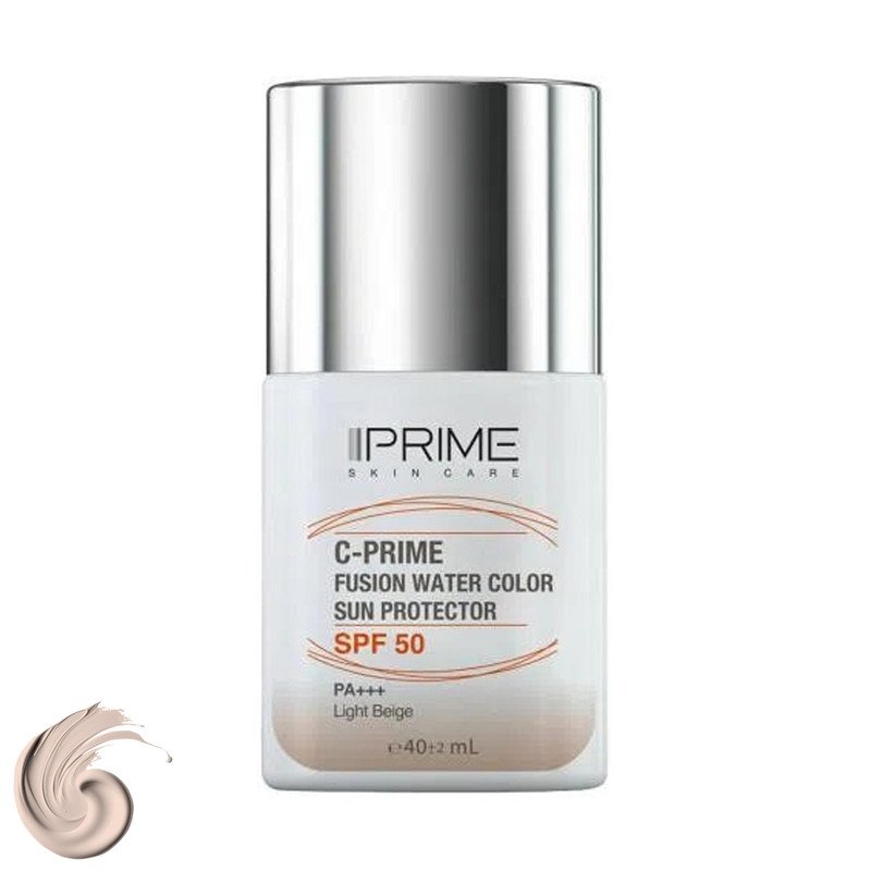 فلوئید ضد آفتاب رنگی پرایم، SPF 50، مدل فیوژن واتر، مناسب انواع پوست  با تنالیته روشن و حجم 40 میلی لیتر، محافظت‌کننده در برابر  اشعه‌های PA++++ ،UVA ،UVB، دارای فرمولاسیون فاقد چربی، ویتامین سی و آنتی اکسیدان، با ماندگا