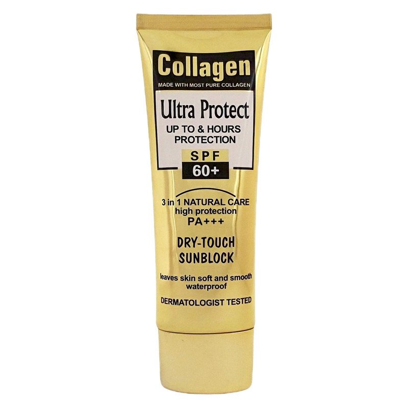کرم ضد آفتاب بدون رنگ کلاژن، 60 SPF، مدل Ultra Protect، مناسب انواع پوست و حجم 130 میلی‌لیتر، محافظت کننده در برابر اشعه UVA و UVB، ضد آب، +++ PA، نرم کننده، روشن کننده پوست، مات کننده، با ماندگاری 2 ساعته