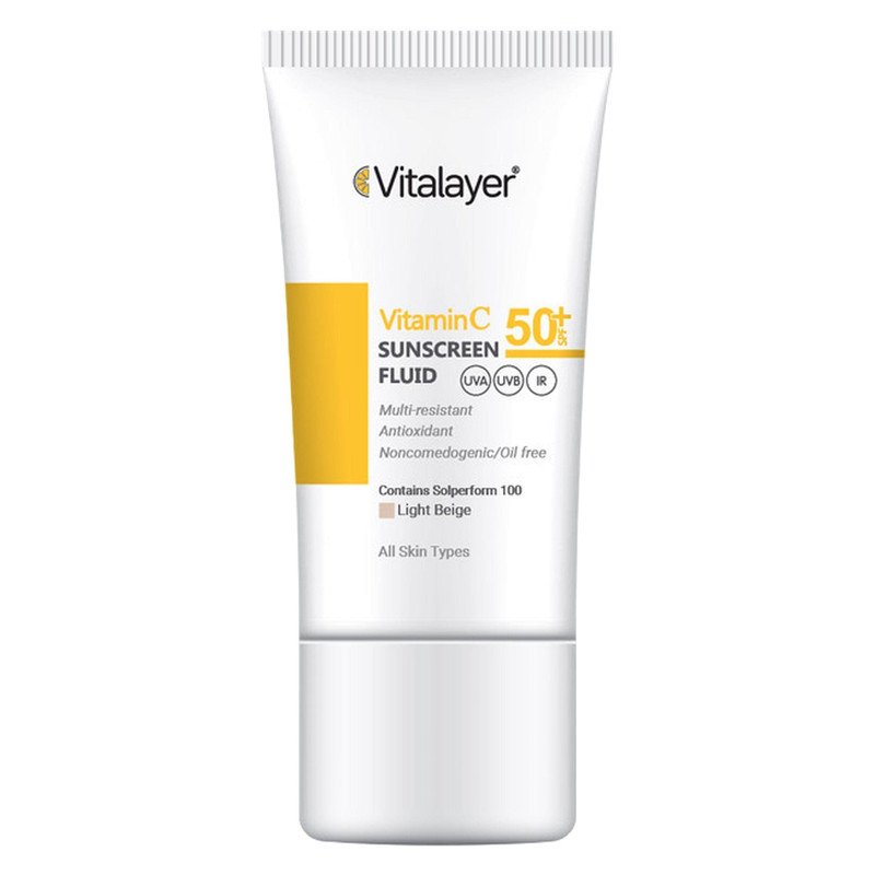 فلوئید ضدآفتاب رنگی ویتالیر، 50 SPF، مدل Vitamin C، مناسب انواع پوست تنالیته رنگ متوسط و حجم 50 میلی‌لیتر، ضد آب، محافظت کننده در برابر اشعه UVA، UVB، IR، آنتی‌اکسیدان، فاقد چربی و پارابن، ضد لک، آبرسان، دارای فرمولاسیون