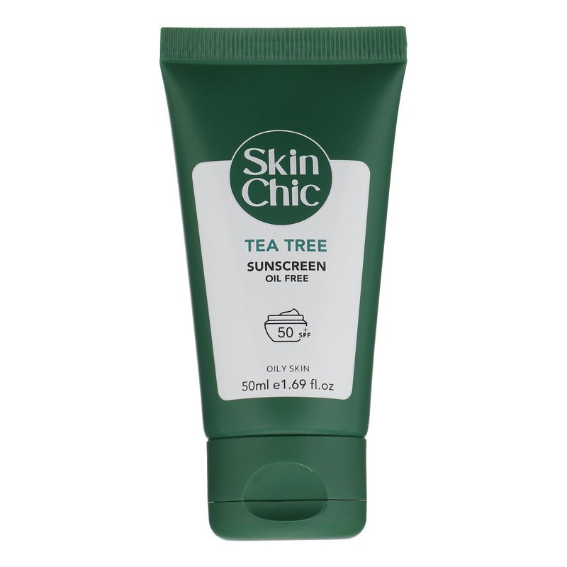 کرم ضد آفتاب بی‌رنگ صورت اسکین شیک SPF 50 مدل TEA TREE مناسب برای چرب حجم 50 میلی‌لیتر