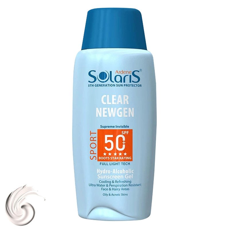 ژل ضدآفتاب بی‌رنگ آردن سولاریس SPF50 مدل Clear Newgen، مناسب پوست‌های چرب، حجم 100 میلی‌لیتر