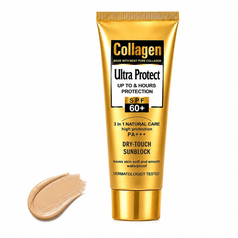 کرم ضد آفتاب رنگی کلاژن SPF60 مناسب دست و صورت مدل Ultra Protect محافظت کننده در برابر اشعه UVA و UVB مناسب برای انواع پوست‌ حجم 100 میلی لیتر
