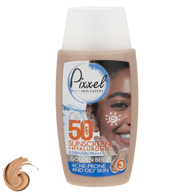 کرم ضد آفتاب رنگی پیکسل، SPF 50، مدل GOLDEN BEIGE، مناسب پوست‌های آکنه‌دار و چرب با تنالیته تیره و حجم 50 میلی‌لیتر، محافظت‌کننده در برابر اشعه‌های UVA و PA ،UVB+++، ضد جوش و آکنه، دارای فرمولاسیون فاقد چربی و هیالورونیک