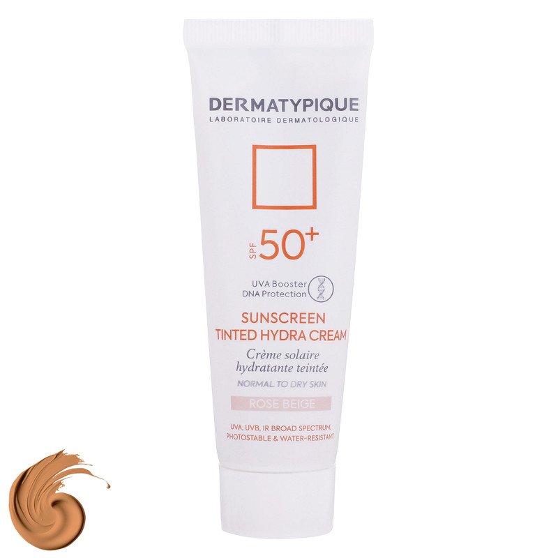 کرم ضد آفتاب رنگی درماتیپیک، 50 SPF، مدل هیدرا، مناسب پوست نرمال تا خشک تنالیته رنگ روشن و حجم 50 میلی‌لیتر، محافظت کننده در برابر اشعه UVA، UVB، IR، ضد آب، ضد خطوط ریز و پیری پوست، مرطوب کننده، التیام‌بخش، با ماندگاری 2