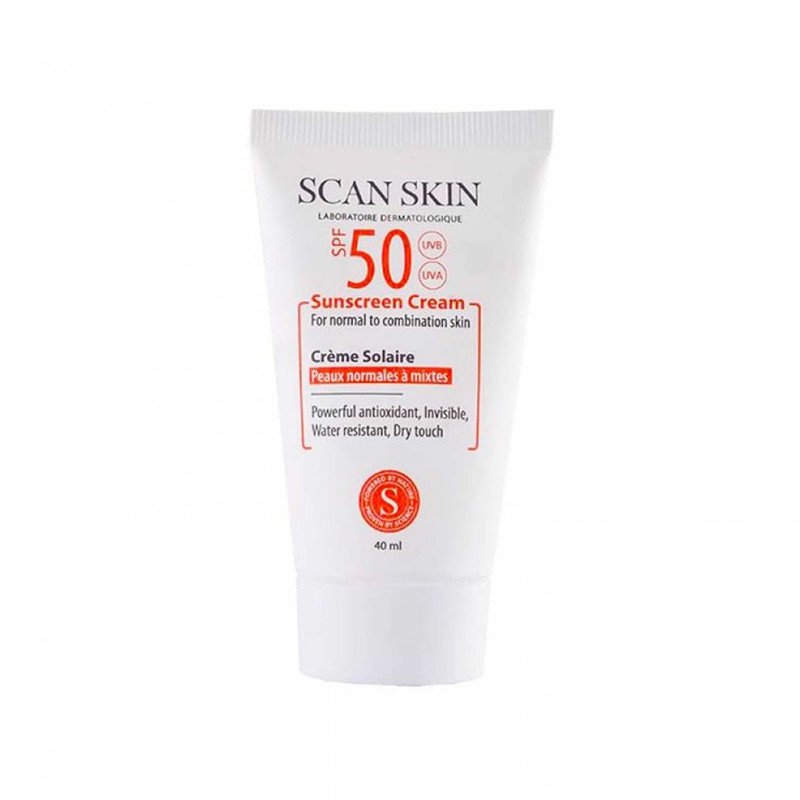 کرم ضدآفتاب بی‌رنگ اسکن اسکین مدل SPF50، مناسب پوست‌های معمولی و مختلط، حجم 40 میلی‌لیتر