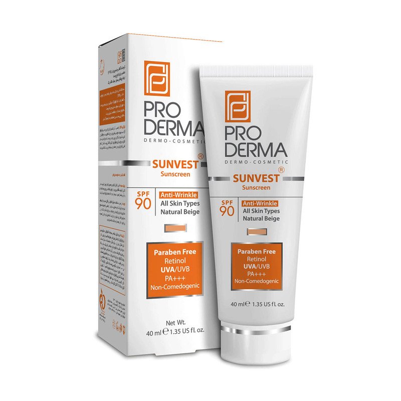 کرم ضد آفتاب رنگی پرودرما، SPF 90، مدل 90 Sunvest، مناسب انواع پوست  با تنالیته متوسط و حجم 40 میلی لیتر، ضدآب، فاقد پارابن، محافظت‌کننده در برابر  اشعه‌های UVA و UVB و غیر کومدون‌زا، PA+++، ضد چروک، دارای فرمولاسیون ویت