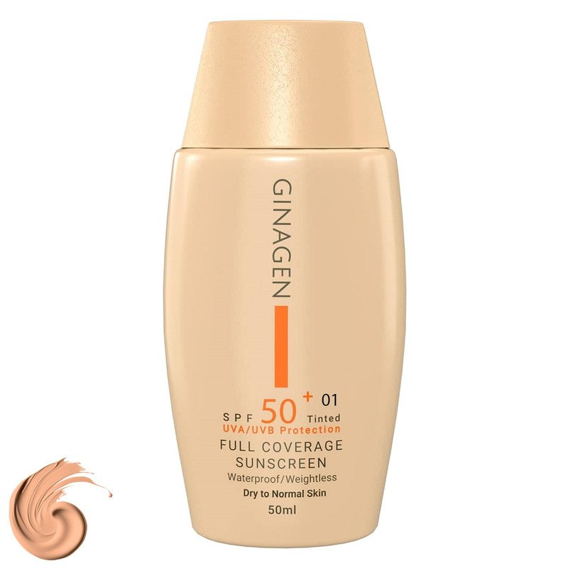 کرم ضد آفتاب رنگی ژیناژن، SPF 50، مدل 01، ‌مناسب پوست‌های خشک و نرمال با تنالیته متوسط و حجم 50 میلی‌لیتر، ضد آب، فاقد پارابن، محافظت‌کننده در برابر اشعه‌های UVA و UVB، ارای فرمولاسیون بدون الکل و گلیسیرین غنی شده با ویت