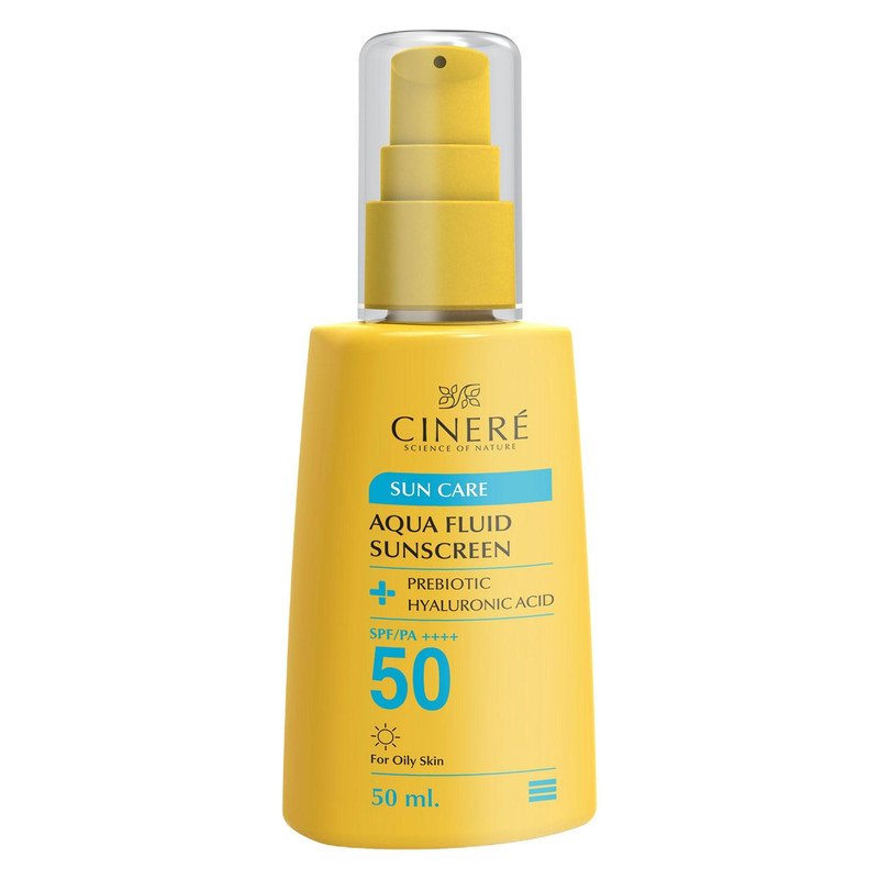فلوئید ضد آفتاب بی‌رنگ سینره، 50 SPF، مدل PREBIOTIC، مناسب پوست‌های چرب با حجم 50 میلی‌لیتر، فاقد پارابن، محافظت‌کننده در برابر اشعه‌های UVA و PA ،UVB++++، دارای فرمولاسیون فاقد چربی و هیالورونیک اسید، با ماندگاری 2 ساعت